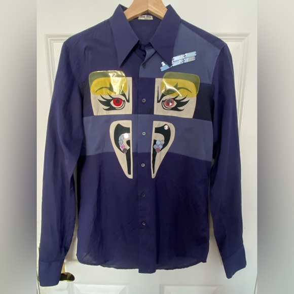 Miu Miu Tops - Miu Miu SS05 navy blue robot face design long sleeve shirt with plastic appliqué